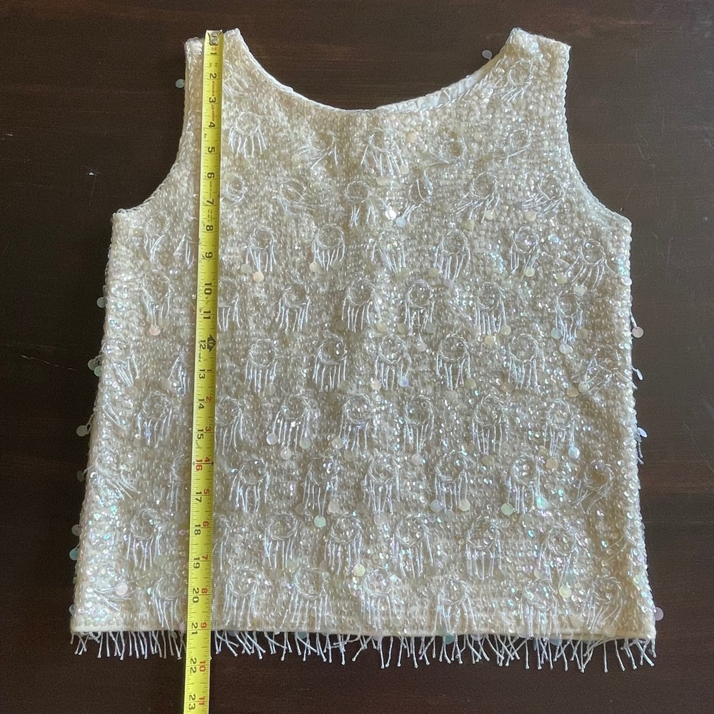 Vintage Wool Sequin Beaded Fringe Top Cream Iridescent Small Flapper Gatsby - Picture 6 of 7
